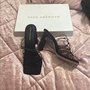 Good American Black Strappy Heels